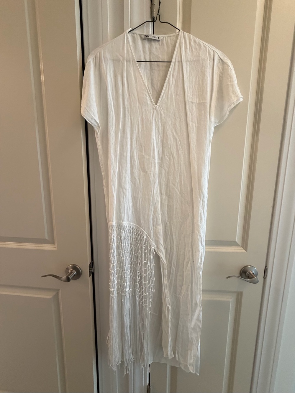 Zara White V-Neck Fringe Midi Dress